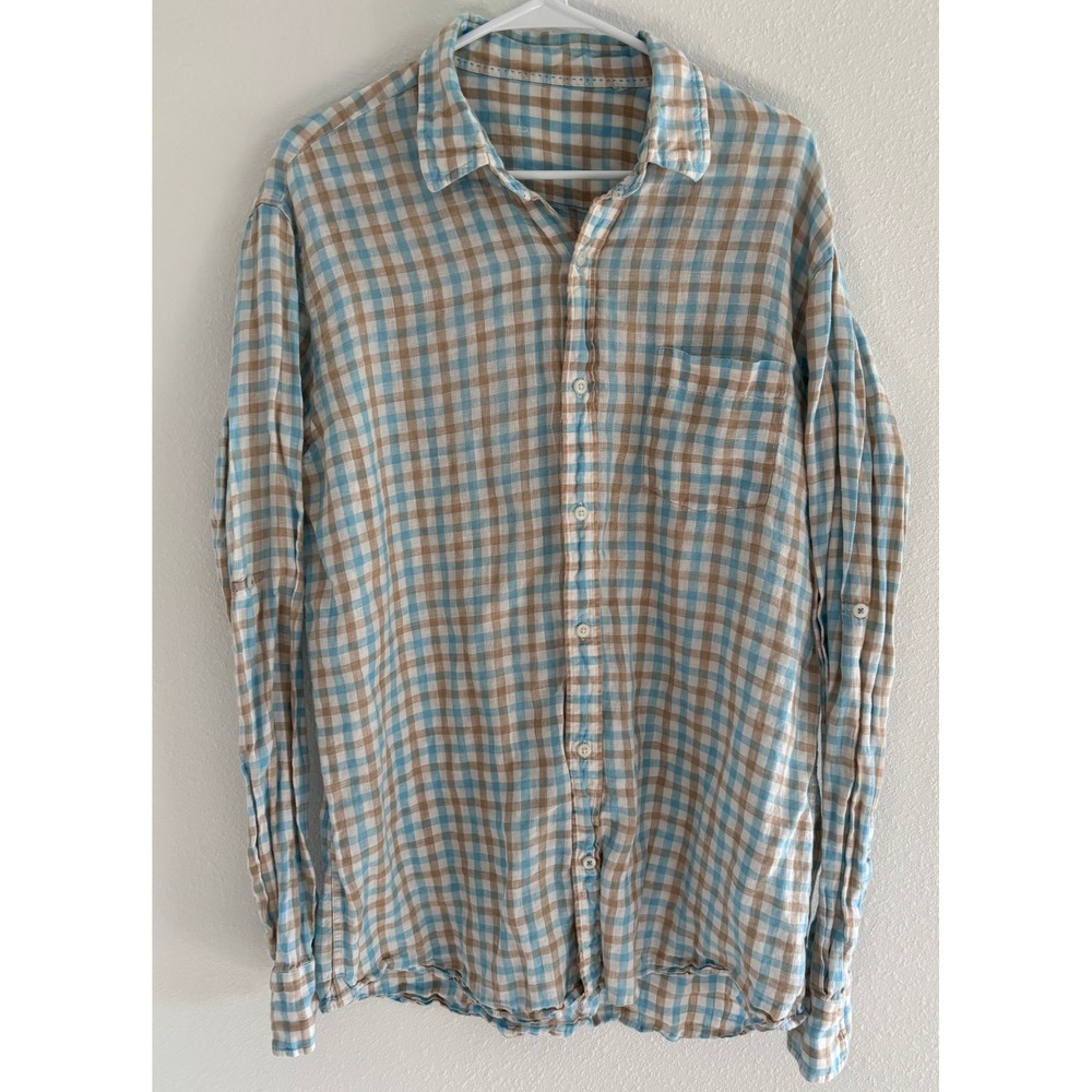 Patrick Assaraf Shirt Mens XL Cream Blue Linen Button Down Preppy‎ Country Club